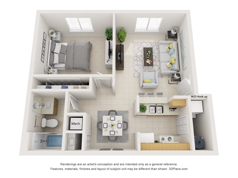 A 3D floor plan of a small apartment with a kitchen, living room, and bathroom.